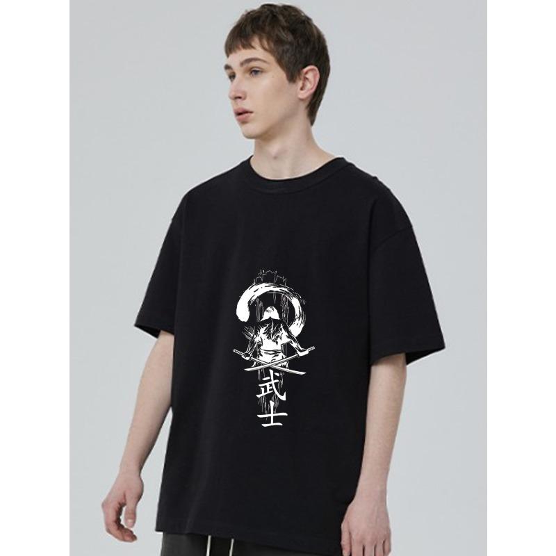 Black T-Shirt Samurai Warrior with Sword and Moon Print for Casual Wear