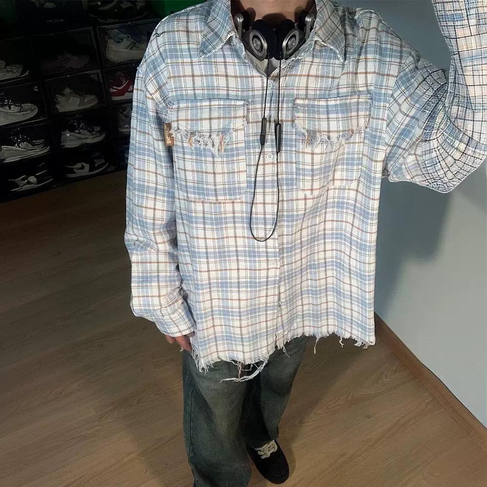 

2024 Spring American Retro Plaid Couple s Loose Long Sleeve Shirt L синий