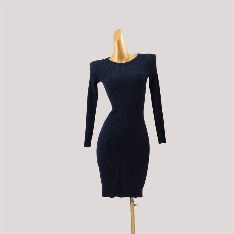 Foreign Trade Minimalist Rib Round Neck Long Sleeve Knitted Dress Women Autumn and Winter New Slim Fit Slimming Sheath Base Skirt