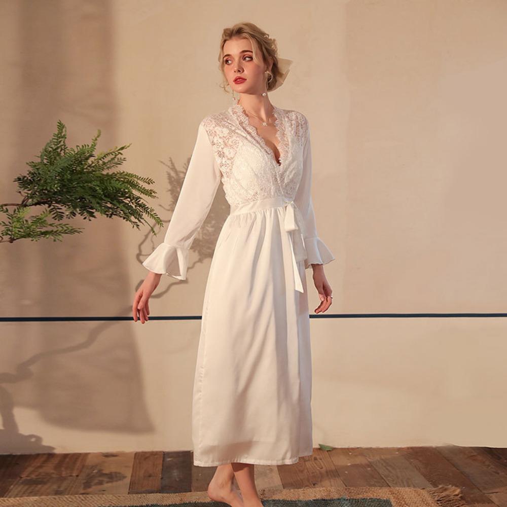 Satin Pajamas Women's Sexy Lace Light Luxury Long-sleeved Cool Nightgown Bathrobe Loungewear