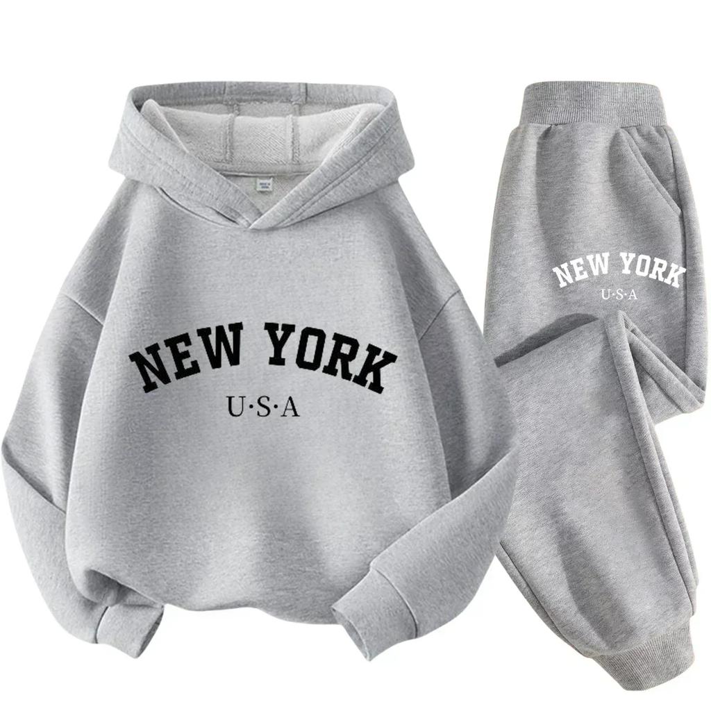 Children's hoodie andtrousersset featuring "New York USA" lettering;Autumn/Winter collection sportswear set for boys and girls.