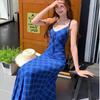 Lace Stitching Blue Plaid V-neck Suspender Dress Women's Summer Vacation Skirt Spice Girl Slim A-word Long Dress