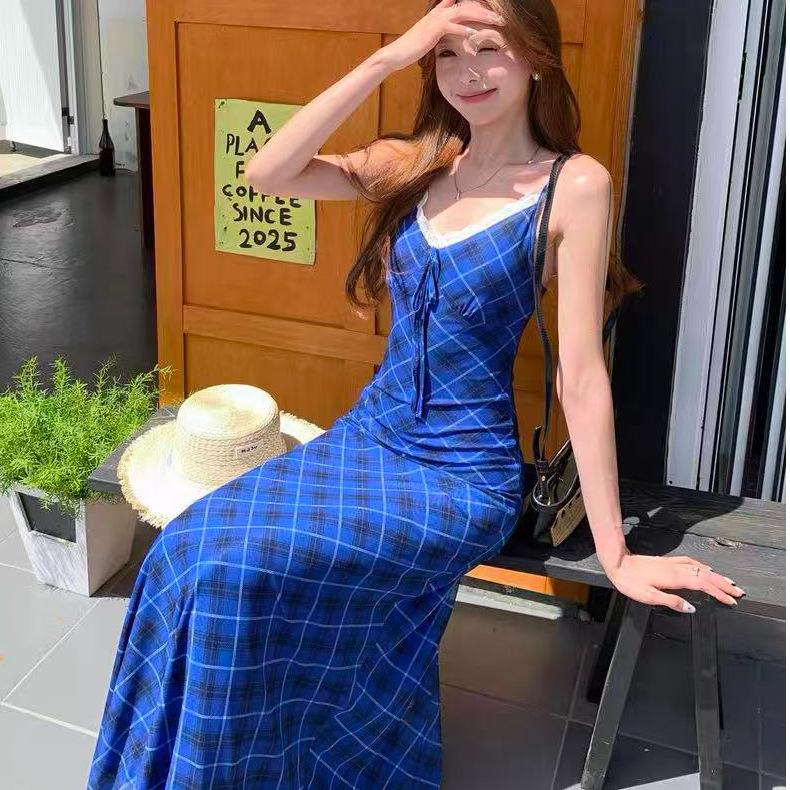 Lace Stitching Blue Plaid V-neck Suspender Dress Women's Summer Vacation Skirt Spice Girl Slim A-word Long Dress