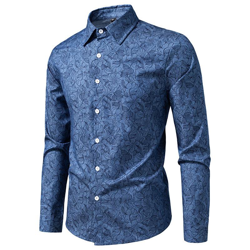 Mens Elegant Blue Floral Printed Shirts Vintage Clothing Chemise Hommes Manche Longue Blusa Jeans Masculina Man Shirts