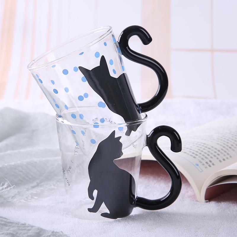 1Pcs Creative Cat Glass Cups with Cat Tail Handle Coffee Glass Lovers Cups Milk Mug Lover Valentine's Day Romantic Present