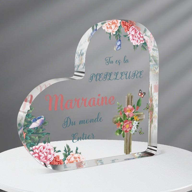 

2D Flat Tu Es La MEILLEURE Marraine Du Monde Entier Heart-Shaped Acrylic Desk Decor Plaque, Floral & Cross Design, Suitable for wall decoration, por 12*12CM