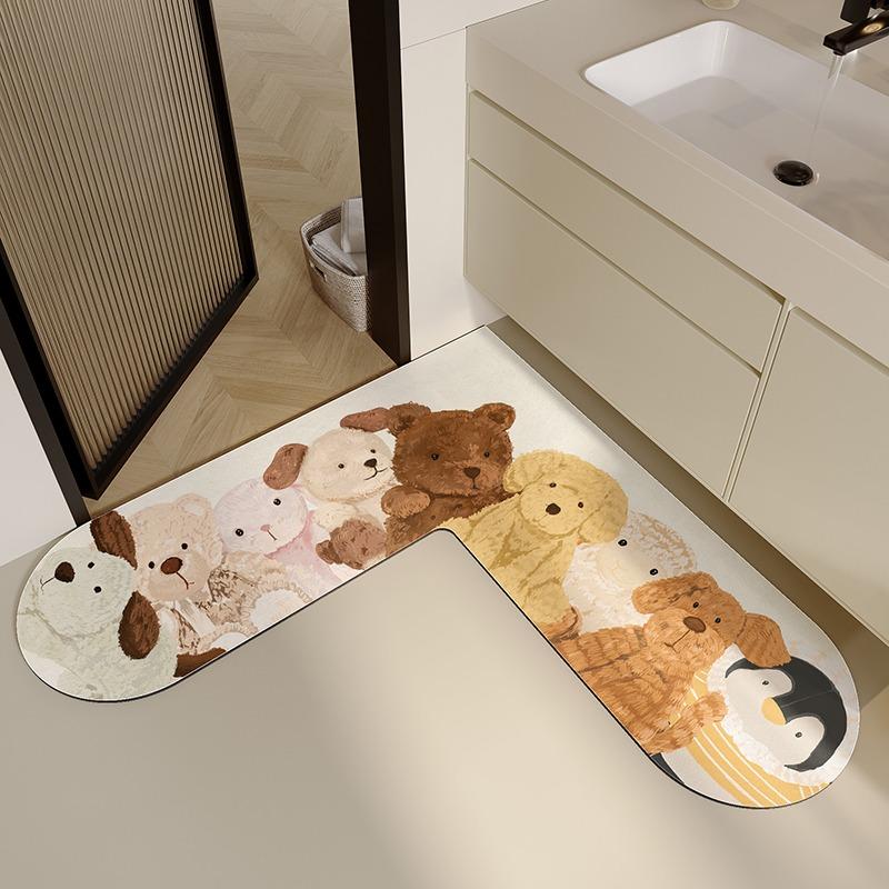 

L-shaped Bathroom Door Mat Cute Cartoon Kitchen Diatom Mud Carpet Animal Pattern PVC Floor Mats Non-slip Water-absorbing Rug 80x80x40cm