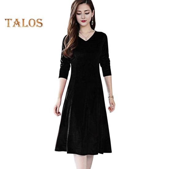 

Женское бархатное платье осень-зима однотонное платье с V-образным вырезом средней длины А-силуэтное платье для свадьбы подружки невесты вечеринки повседневная одежда M чёрный