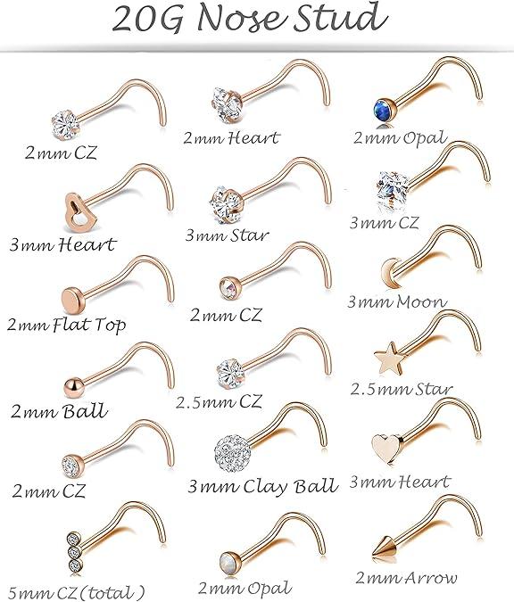 20G 38Pcs Stainless Steel Screw Shaped Nose Studs Nose Rings CZ Hoop Tragus Cartilage Nose Ring Labret Nose Piercing Jewelry