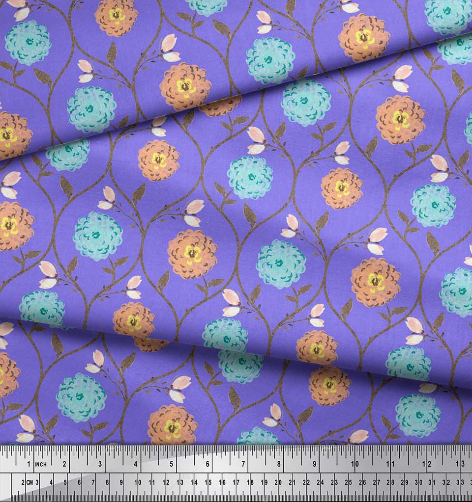 Soimoi Tela de Crepé de Poliéster Morado Estampado Floral de Crisantemo con Hojas y Botones Tela Estampada por Metro 42 Pulgadas
