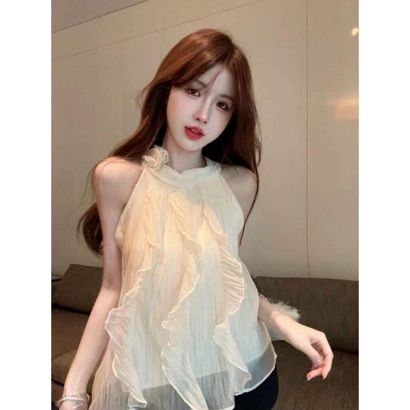 Sweet French-Style Gentle Floral Halter Neck Tank Top for Women, Unique and Niche Off-Shoulder Pure Desire Sleeveless Top Apricot color M
