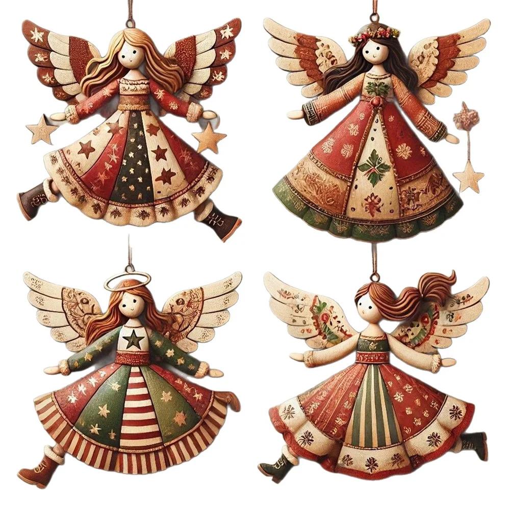 

4Pcs Christmas Vintage Wooden Angel Girl Pendant Merry Christmas New Year Pendant Gift Christmas Tree Decor Supplies