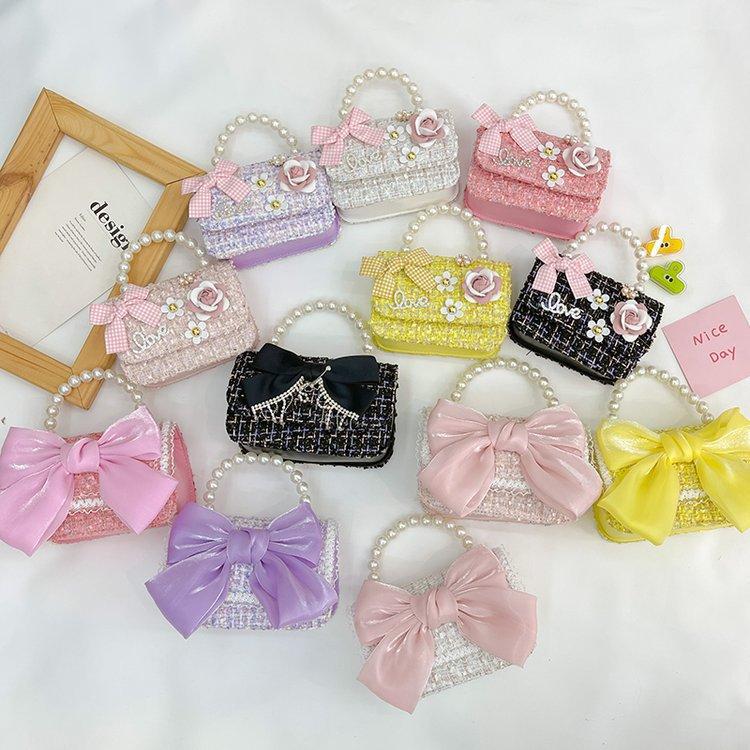 Korean Style Pearl Handbag for Kids Cute Bow Princess Messenger Bag Parent-Child Mini Shoulder Bag