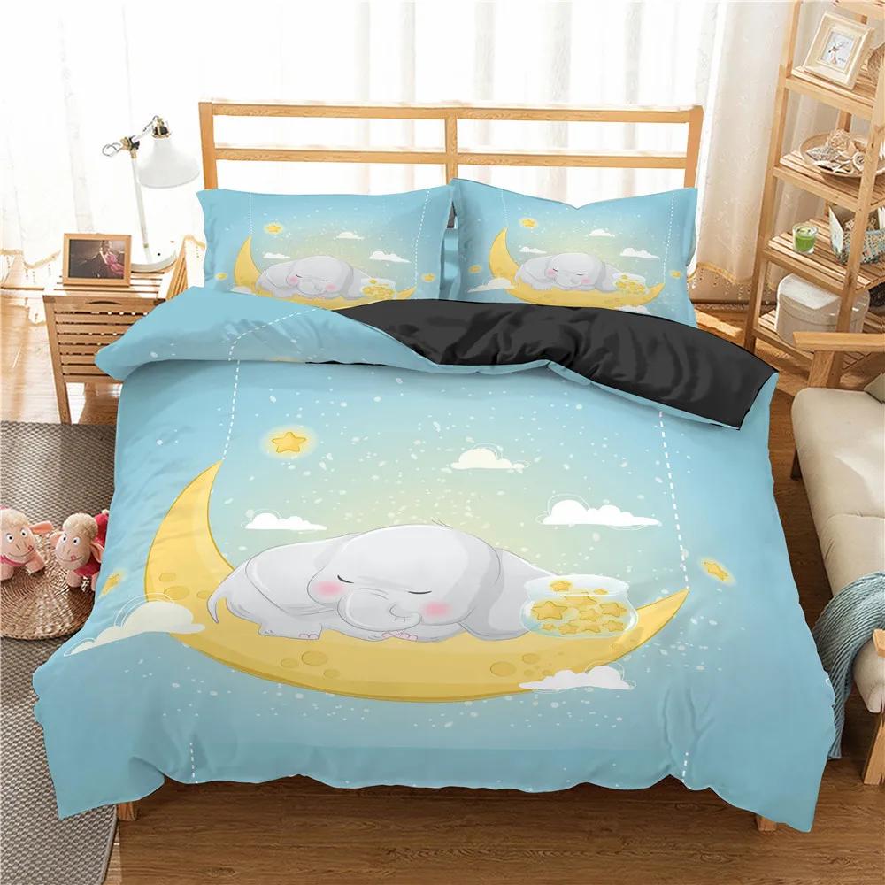 Kids Elephant Bedding Set King/Queen Size Cartoon Cute Animal Duvet Cover for Girls Boys Lovely Wildlife Polyester Quilt Cover