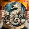2D Seahorse Metal Wall Art 8x8 Inch Round Ocean Sign Home Office Door Decor