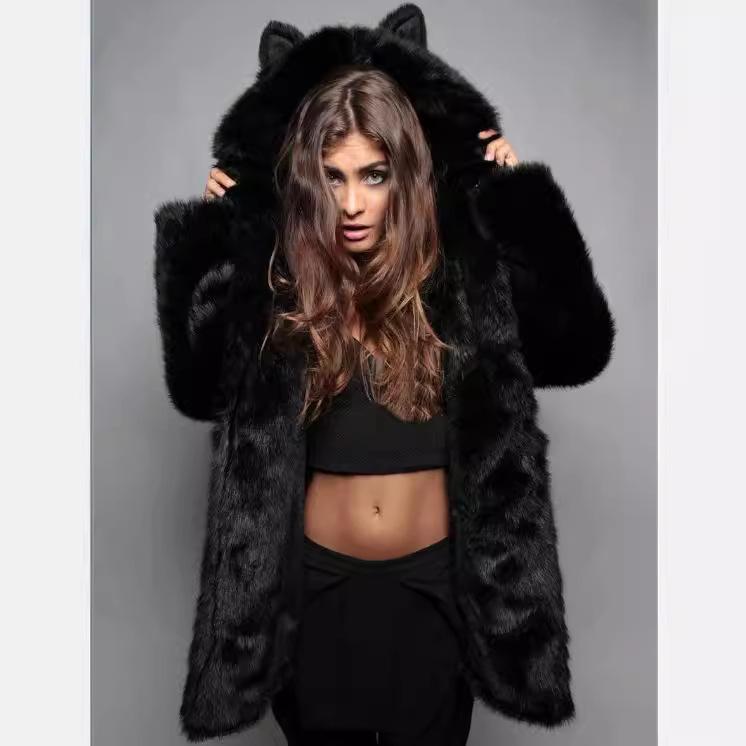 New fur, large size European and American new hooded jacket fox fur imitation fur jacket manufacturer