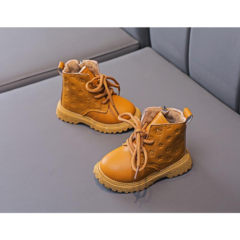 Buty Zimowe z Podszewką z Futerka, Skórzane Sznurowane Buty dla Dziewczynek, Drukowane Trapery dla Chłopców, Krótkie Buty dla Maluchów i Dzieci, Design za Kostkę.