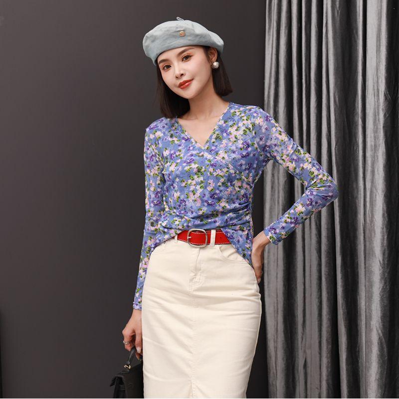 

Short Tops 2024 Early Spring New Arrival T-Shirt Women s Long Sleeve Cross V-neck Bottoming Shirt Mesh Unique Beautiful Small Shirt Light purple L