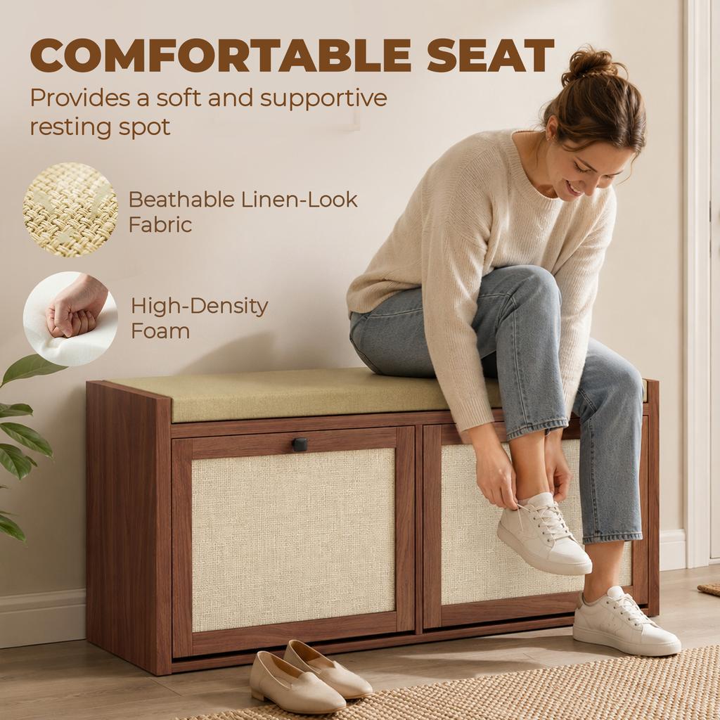 Rattan Shoe Bench With Padded Cushion And 2 Cabinets For Hidden Storage Brown