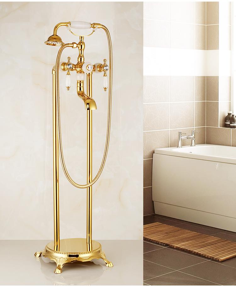 Gold Brass Floor Stand Bathtub Shower Faucet Swivel Spout Bathroom Jade shower faucet Mixers Tap Jade Standing Bathtub Faucet