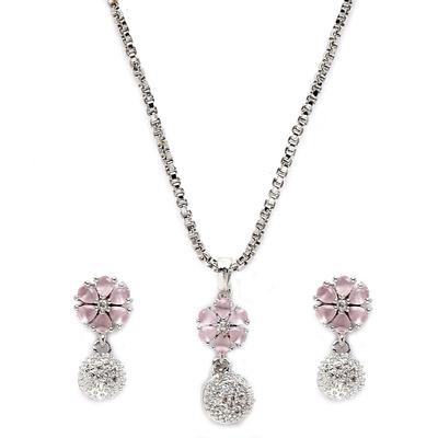 Rhodium-Plated Silver Toned Green Cubic Zirconia Studded Floral Shaped Cute Pendant with Earrings Jewellery Set for Girls and Women
