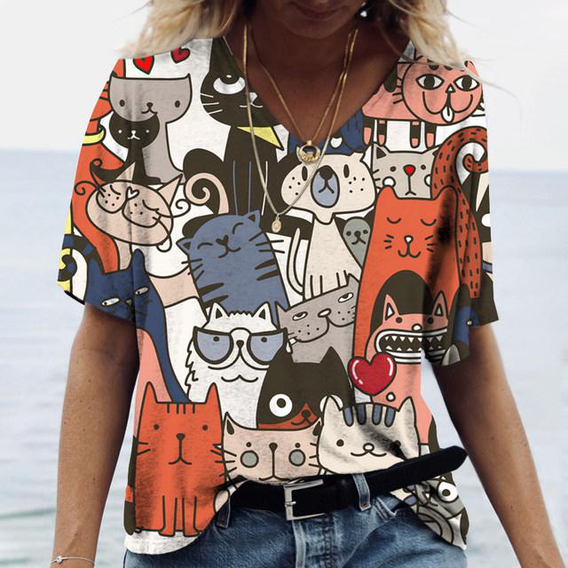 Women Cat Print Women's T-Shirt Oversized T-Shirt Top Women Clothing Design Plus Size V Neck Tee Casual