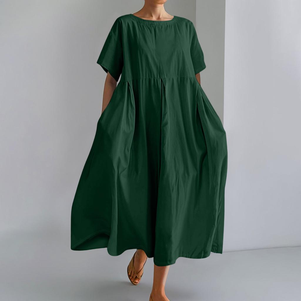 Women's  Color Fashionable Casual Cotton And Linen Loose Round Neck Short Sleeved Dress