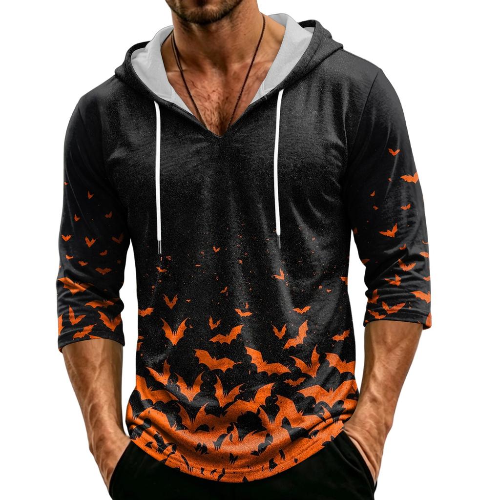 Men's Loose Fit Casual Hoodie Three Quarter Sleeve Pullover Halloween Themed Graphic Print Lightweight Top