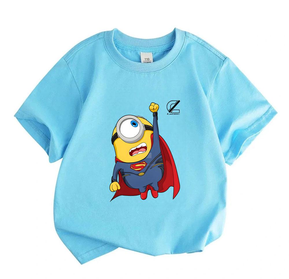Kids Boys Girls 100% Cotton Crew Neck Short Sleeve T-Shirt, Funny Cute Flying Super Hero Minion Print Casual Comfortable Tee for Children Daily Outdoo