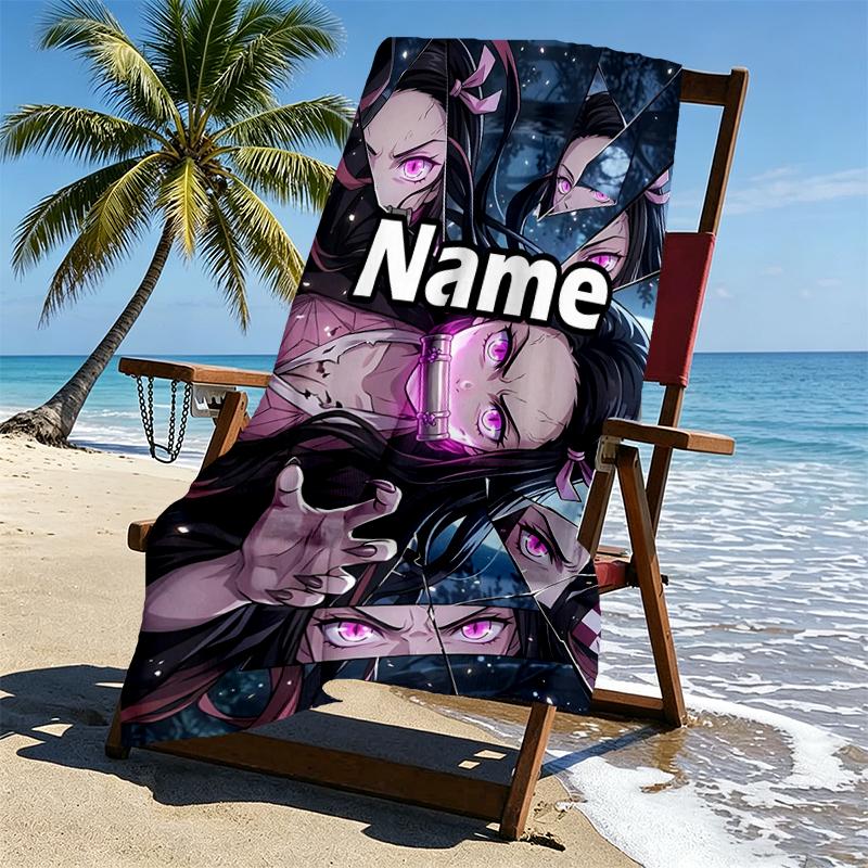 Custom Name Personalized Demon Slayer Print Beach Towel, for Trip Camping Beach Party Home Decor, Birthday Gift for Family & Friends