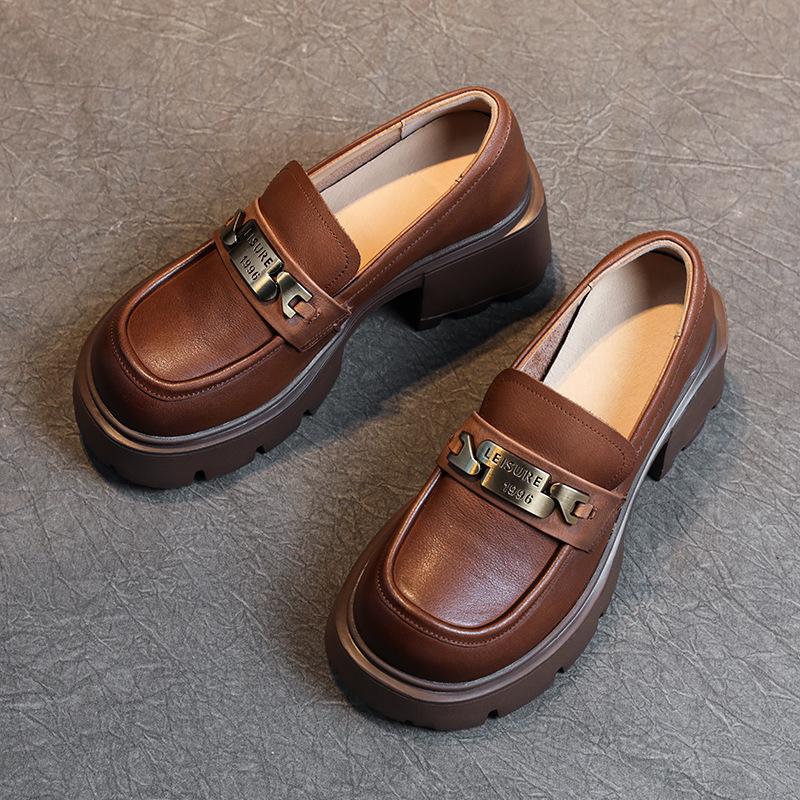 The First Layer of Cowhide Loafers for Women's Spring and Autumn 2025 New Leather Muffin Thick-soled One-pedal Casual Women's Single Shoes