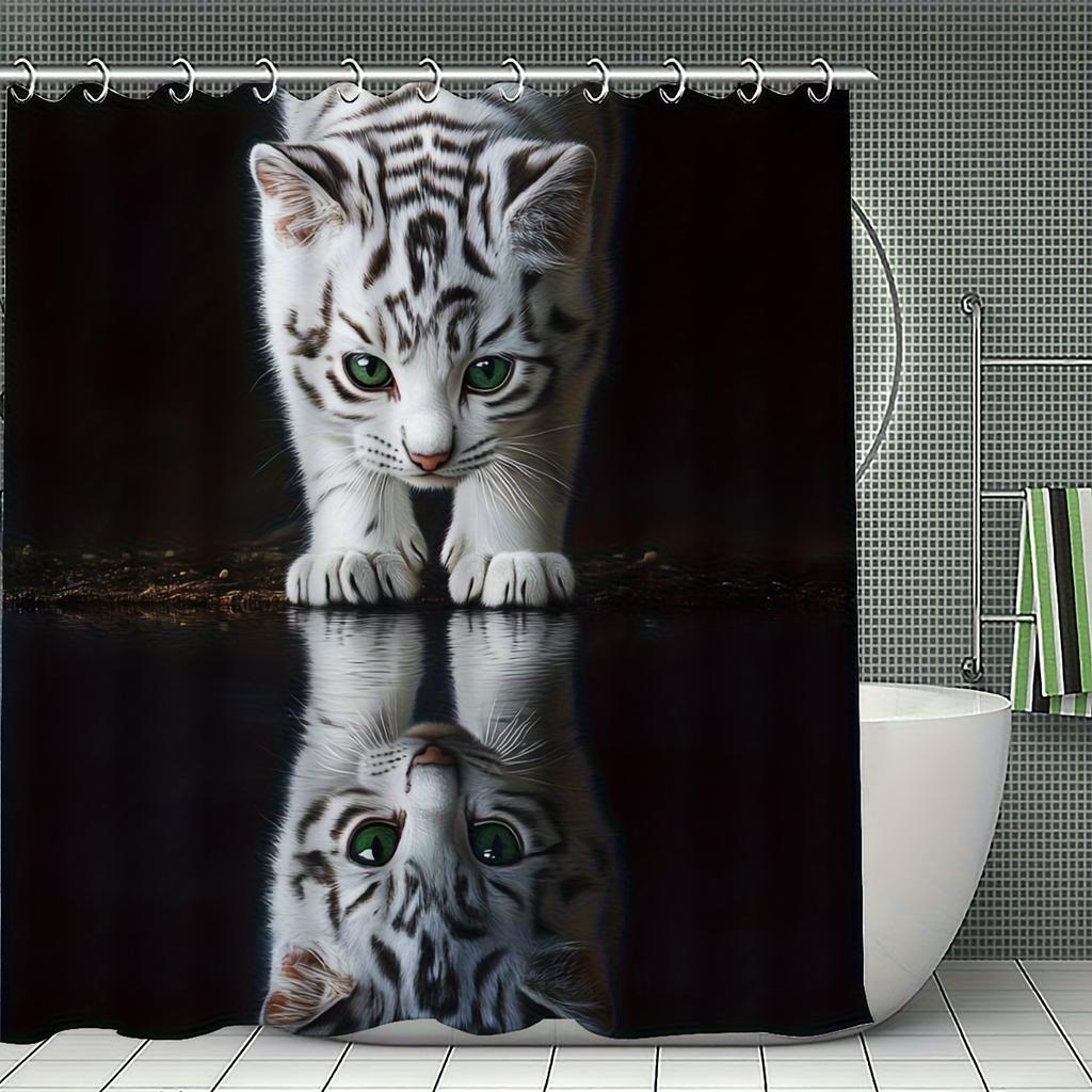 4Pcs Majestic Tiger Shower Curtain Set with Non-Slip Bath Mat, Toilet Lid Cover, Contour Rug & 12 Hooks, Bathroom Decor