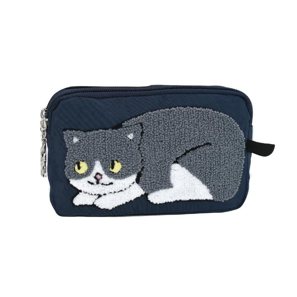 Pouch Cat Cute Stylish Fluffy Fabric Nylon Cosmetic Makeup Small Item Holder Large Capacity Pattern Gift Travel 3 Pockets (Navy Blue)