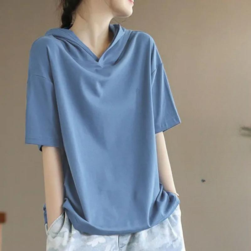 Maglia Base con Cappuccio a Maniche Corte in Puro Cotone da Donna, Stile Western Estivo, Capo Esterno, T-shirt Monocolore, Taglia Grande, Top da Donna