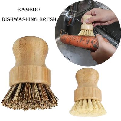 Bamboo Dishwashing Brush Natural Sisal Wooden Handle High Density Bristles for Cast Iron Pans Pots Dishes Fruits Vegetables Clea