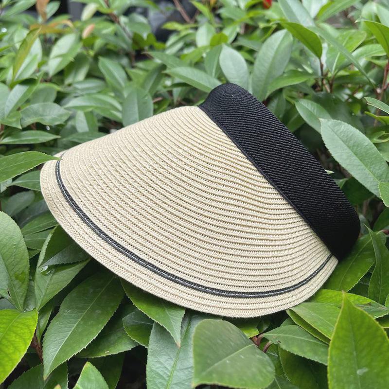 

Summer Striped Contrasting Color Brim Fine Grass Braided Hairpin Type Empty Top Hat Women S Tide Travel Sunscreen Sunshade Straw Hat m (55-59cm) - clip-on style