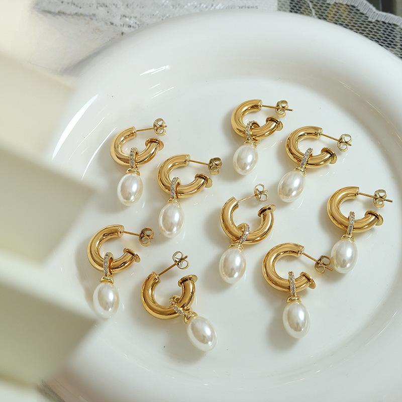Baroque Pearl C-Shaped Titanium Earrings for Girls - Non-Fading, European & American Style