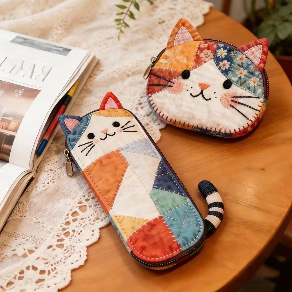 Xiaohongshu Cute Cat Patchwork Pencil Case - Large Capacity Student Stationery Organizer