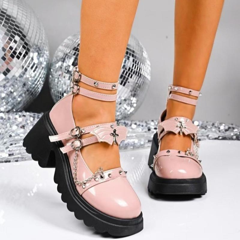 Fashion Gothic Metal Decoration Ankle Strap Pumps Women Punk Platform High Heels Mary Jane Shoes 2025 Summer Sweet Pink Lolita Shoes