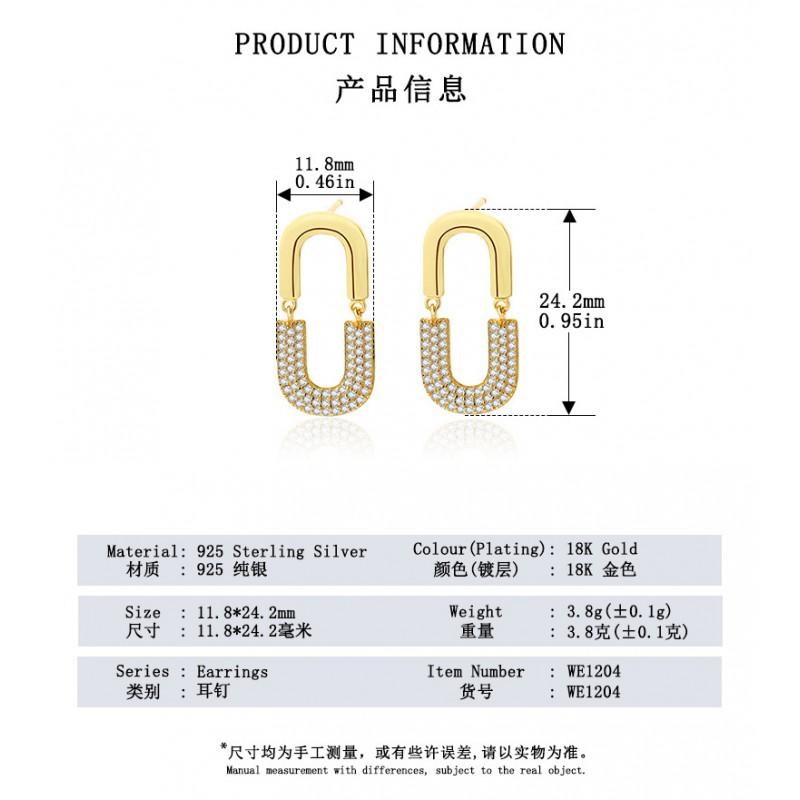 U-Shaped Stud Earrings With Full Crystal Pave Oval Design Sterling Gold Plated Minimalist Chic Women