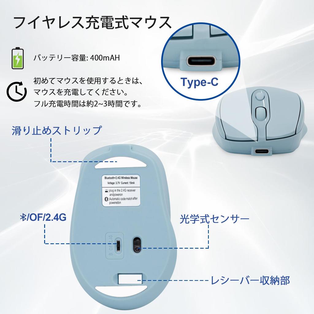 PiMivco Wireless Bluetooth Mouse with 3 DPI Compatible with and Android Mouse, Mouse, Rechargeable, Quiet, Dual-Mode 2.4GHz, 4-Button Settings,