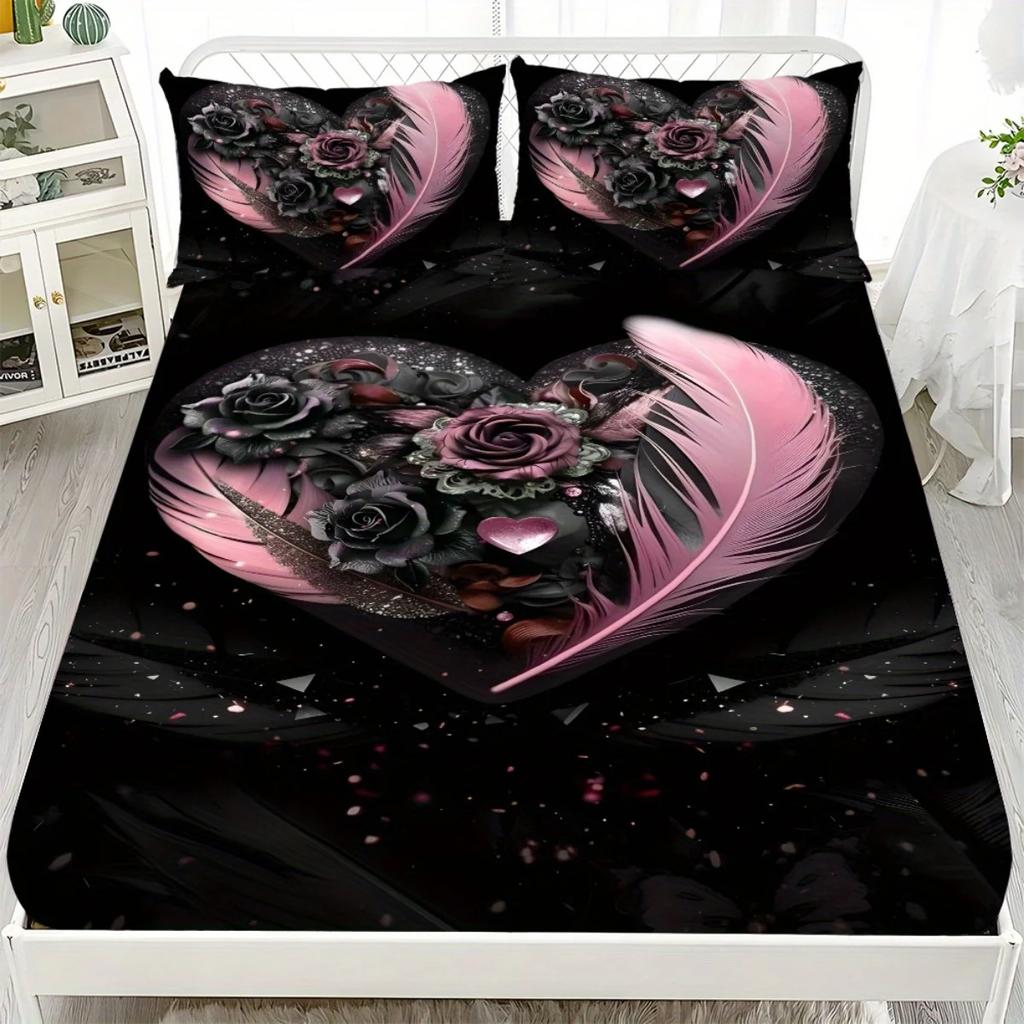 1pc Fitted Sheet Set Black Pink Feather Rose 3D Print 100% Polyester Cover Breathable Bedding Set Home Decor without Pillowcase