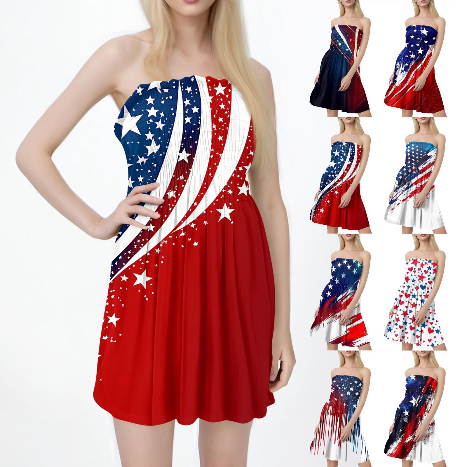

Fashion Women s Casual Bandeau Independence Day Print Sleeveless Dress XXL винный