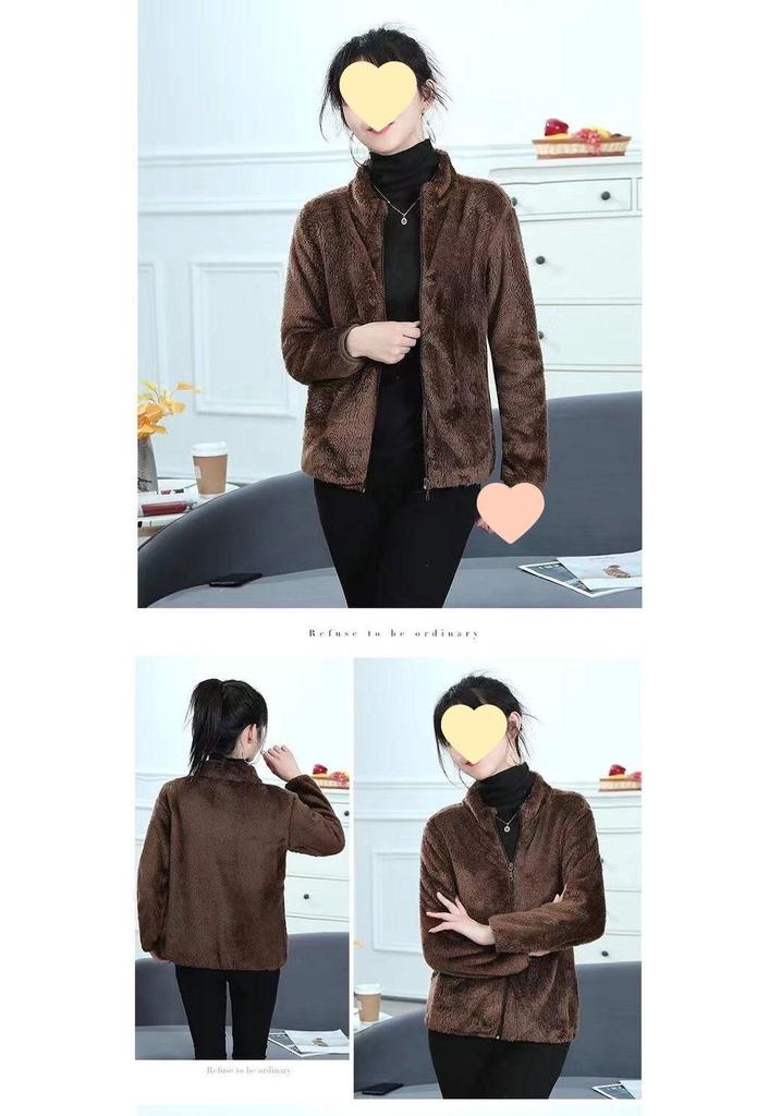Women's Double-Sided Plush Fleece Cardigan Jacket with Stand Collar and Soft Shell for Warmth