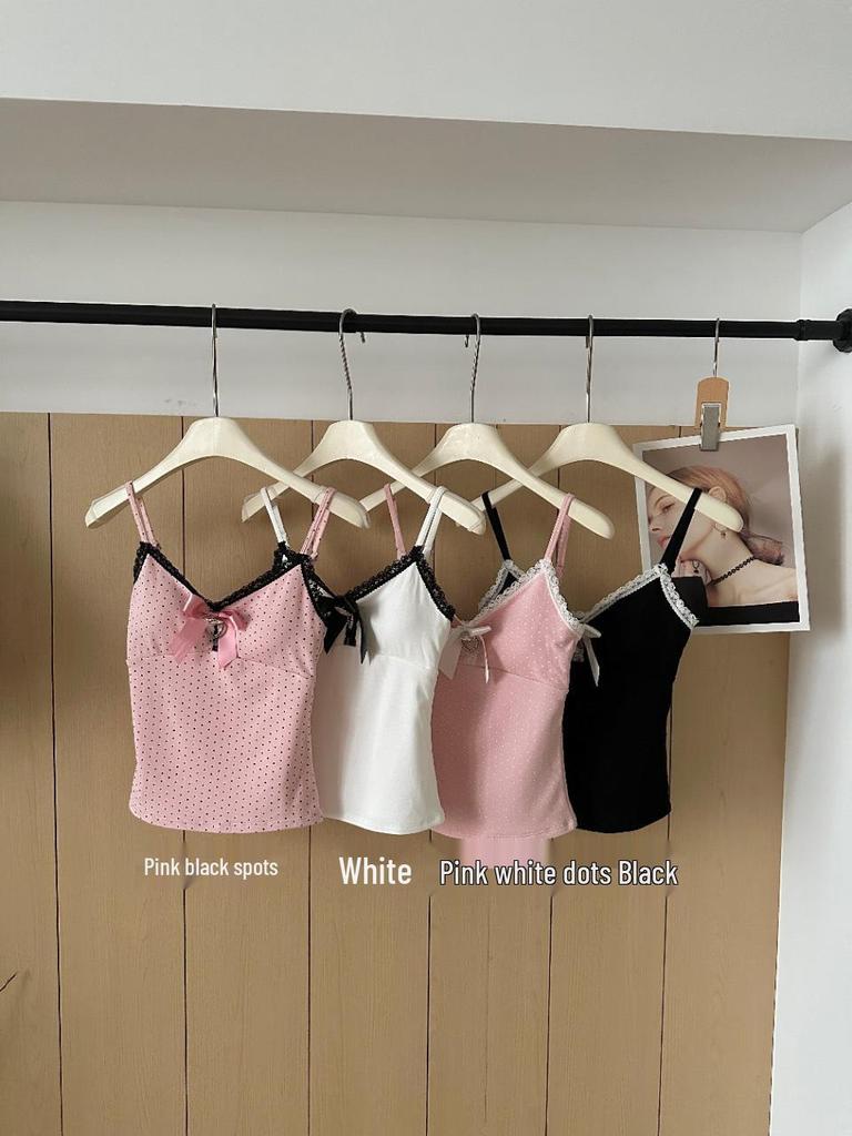 Women's Polka Dot Camisole Top with Fixed Straps, Chest Pads, Bow Knot & Lace Trim
