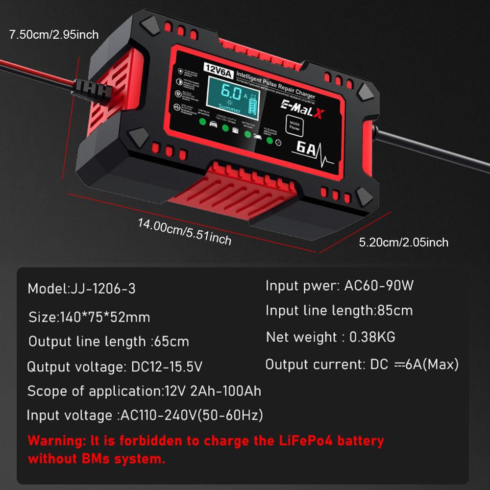 Voltage Temperature Detection 12V 6A Car Battery Charger Multiple Protection Digital LCD Display For Car SUV Motorcycle Truck Intelligent Pulse Repair