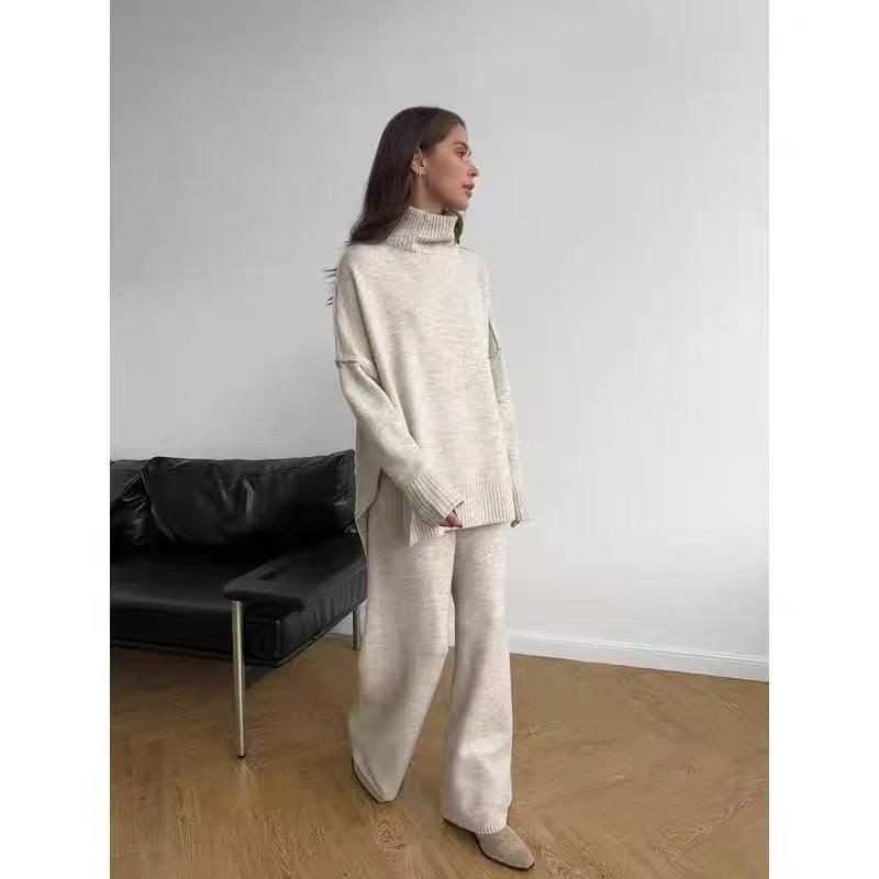 Women's High Collar Sweater & Wide Leg Pants Set - European and American Style, Autumn/Winter Casual and Cozy Knitwear.