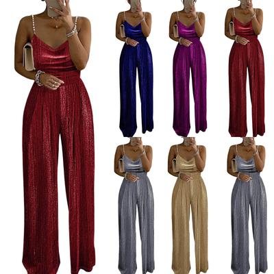 Modische und lässige Damen-Jumpsuit mit weitem Bein, Farbe, Taillenraffung, eleganter Träger, Perlen