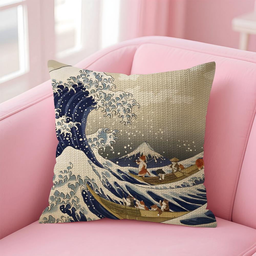Waves Japanese Style Cushion Cover Natural Linen Pillow Case DoubleSided Print Decorative Sofa Pillowcase Home Decor Gift
