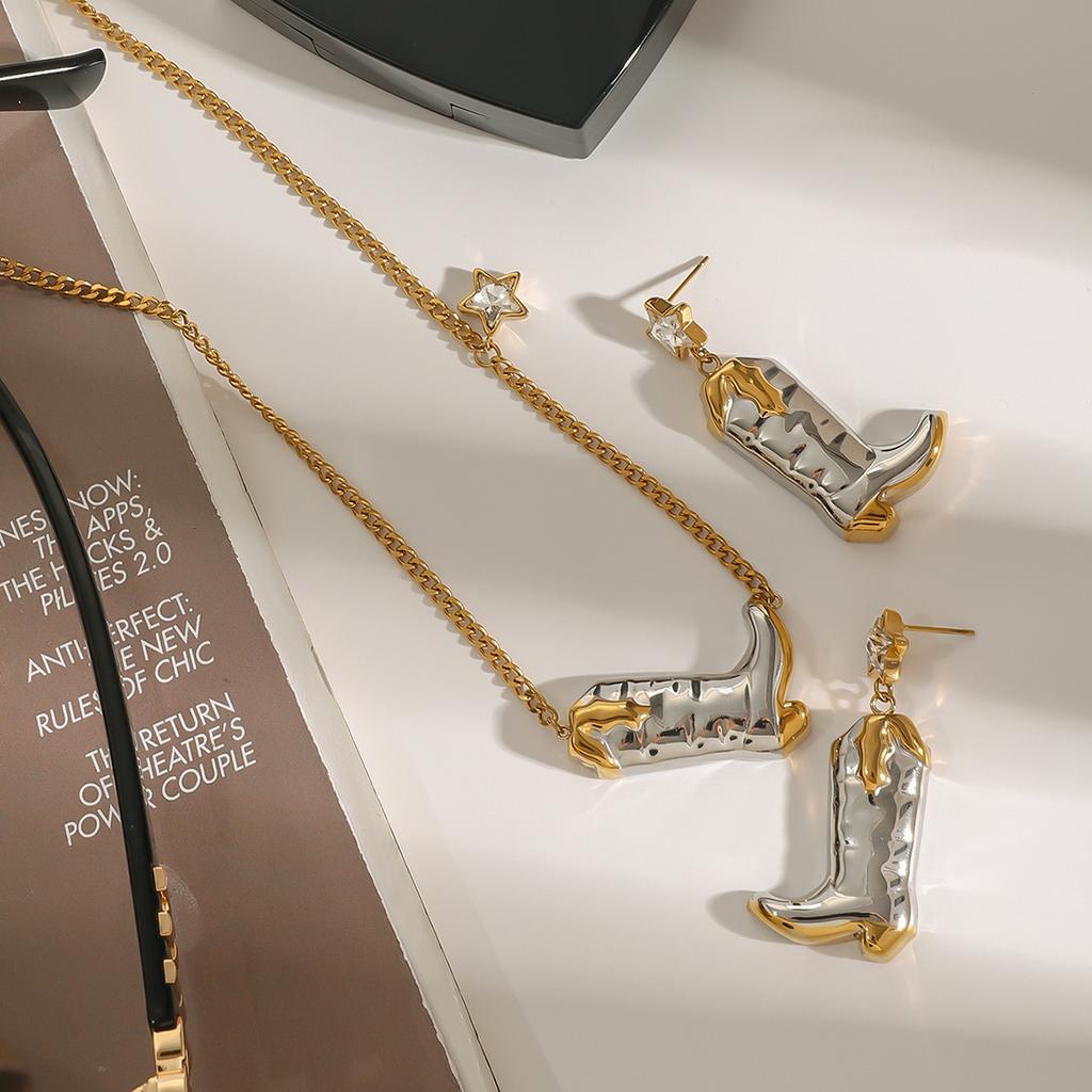 Youthway Exquisite Statement Stainless Steel Gold& White Zircon Star Boots Pendant Necklace Earrings Trendy Lady Jewelry